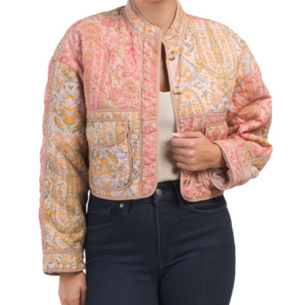 7 For All Mankind quilted floral patchwork mid  cropped jacket